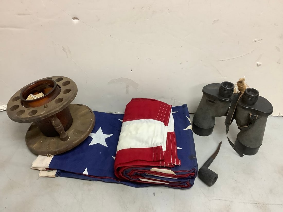 U.S.A flag, Humidor vintage wooden pipe holder(6.25in.tall), and vintage binoculars (1 of 1)