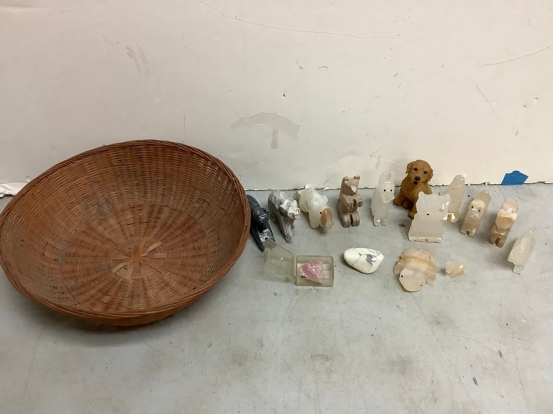 Various animal statues(tallest 3.75in.) and wicker bowl: Various animal statues(tallest 3.75in.) and wicker bowl