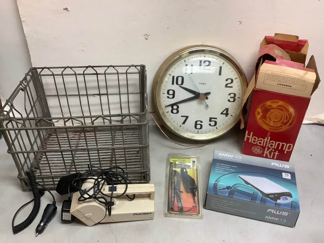 Vintage Heatlamp kit, AWS scale, Timex clock(14.5in.across), and more: Vintage Heatlamp kit, AWS scale, Timex clock(14.5in.across), and more