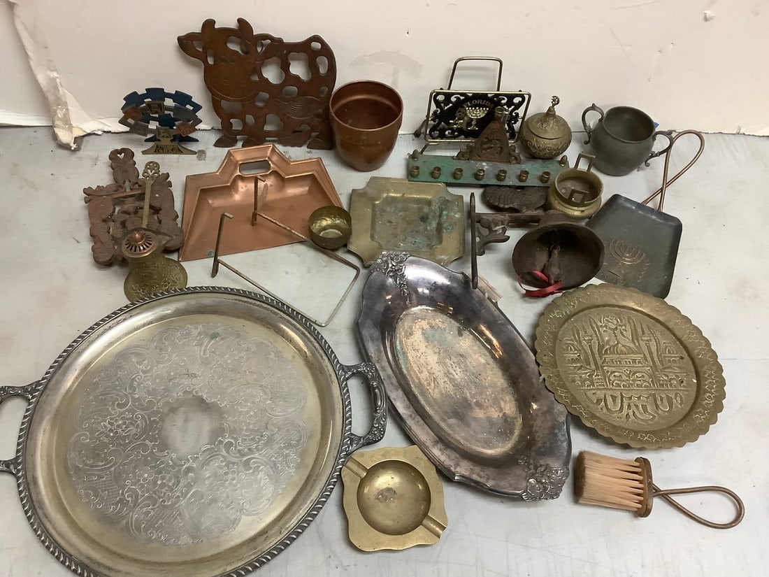 Vintage Metal/Brass Lot (Serving Tray-16.25in, Napkin Holder, Bell, Plates and more) (1 of 1)