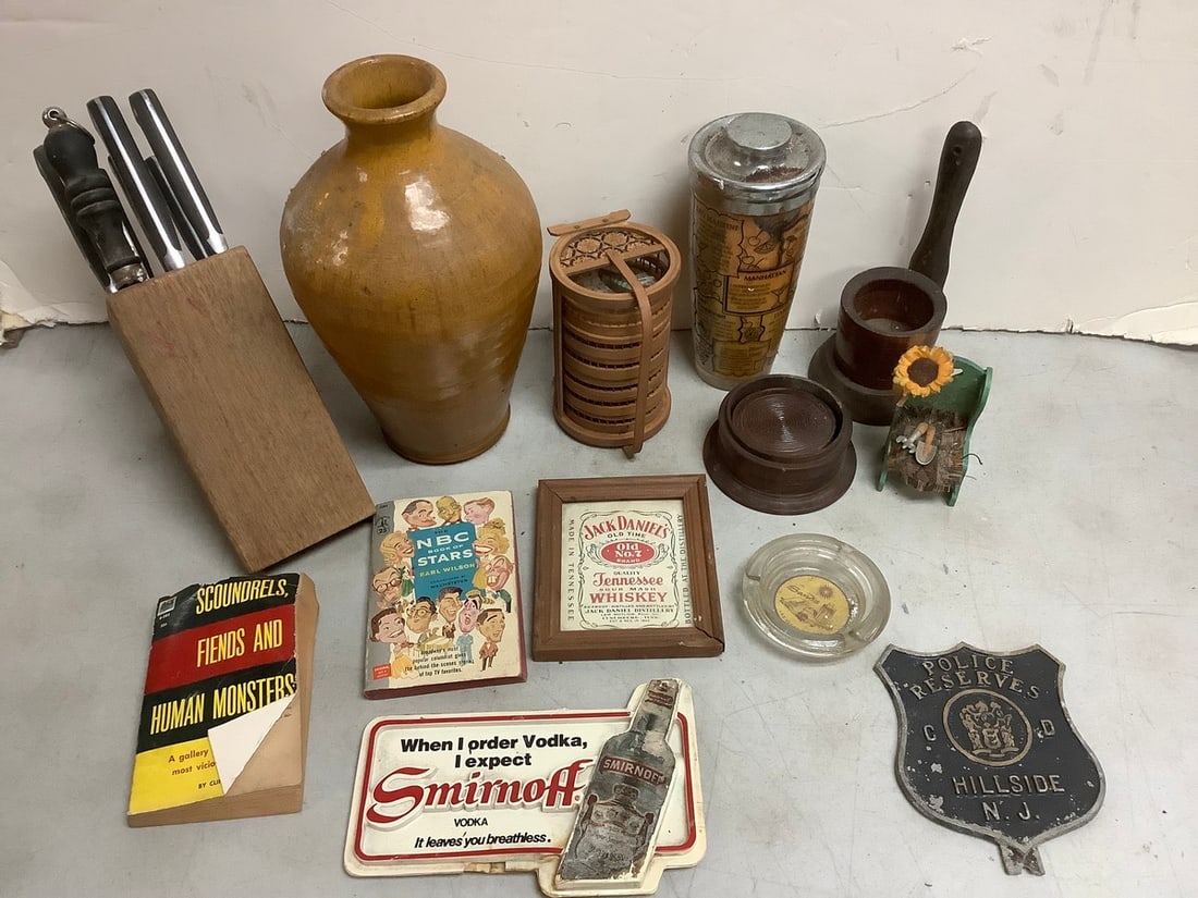 Knife set, decorative vase(12.5in.tall), Jack Daniels wall decor, and more (1 of 1)