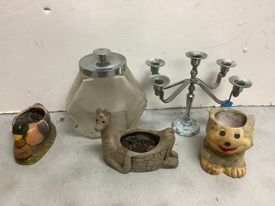 Decorative candleholder(8.75in.tall), glass canister with lid, and decorative planters (1 of 1)