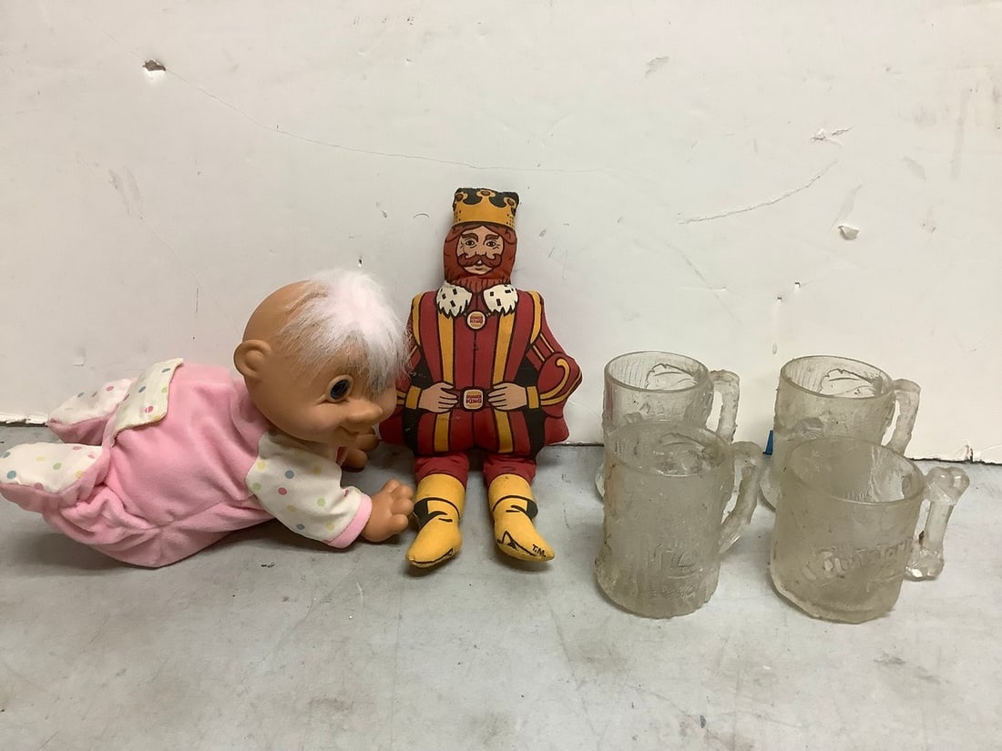 Flinstones collectible glass mugs(3.5in.tall), vintage baby doll, and more: Flinstones collectible glass mugs(3.5in.tall), vintage baby doll, and more