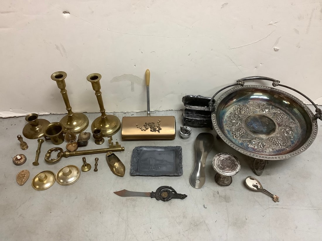 Brass candleholders(7in.tall), silver serving tray, NY knife, and more (1 of 1)