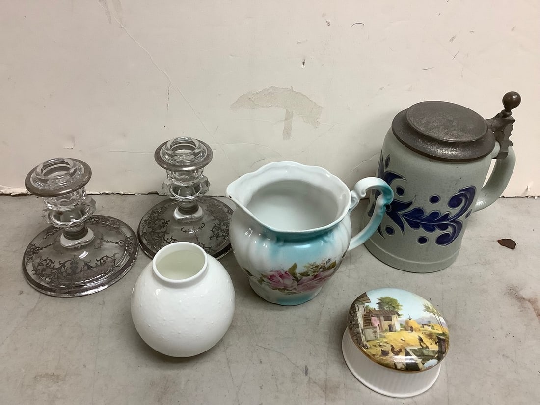 Silver Overlay Candle Holders, Salt Glaze Stein, Floral Pitcher & more (tallest 6.5in.) (1 of 1)