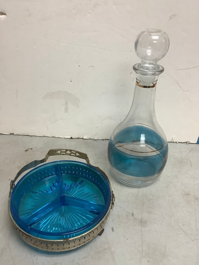Decanter(12in.tall) and blue depression glass divided serving tray (1 of 1)