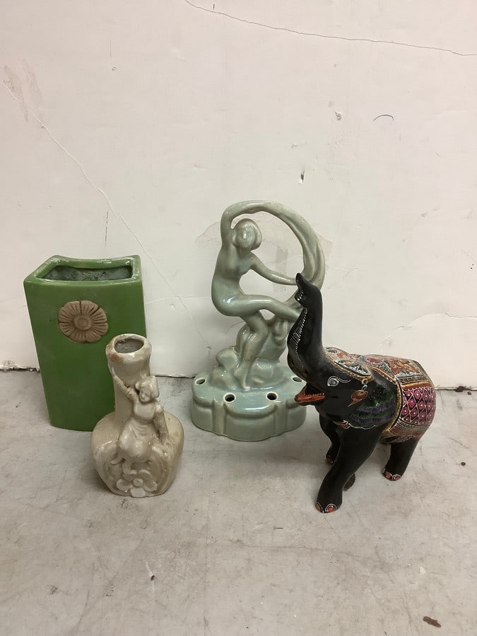 Decorative elephant statue and Vintage Pottery Flower Frog(tallest 6.25in.) (1 of 1)