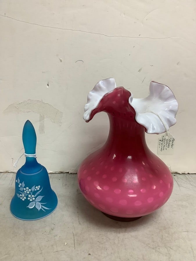 Fenton bubble optic in wild rose vase and Fenton Bell (Tallest - 7.5in) (1 of 1)