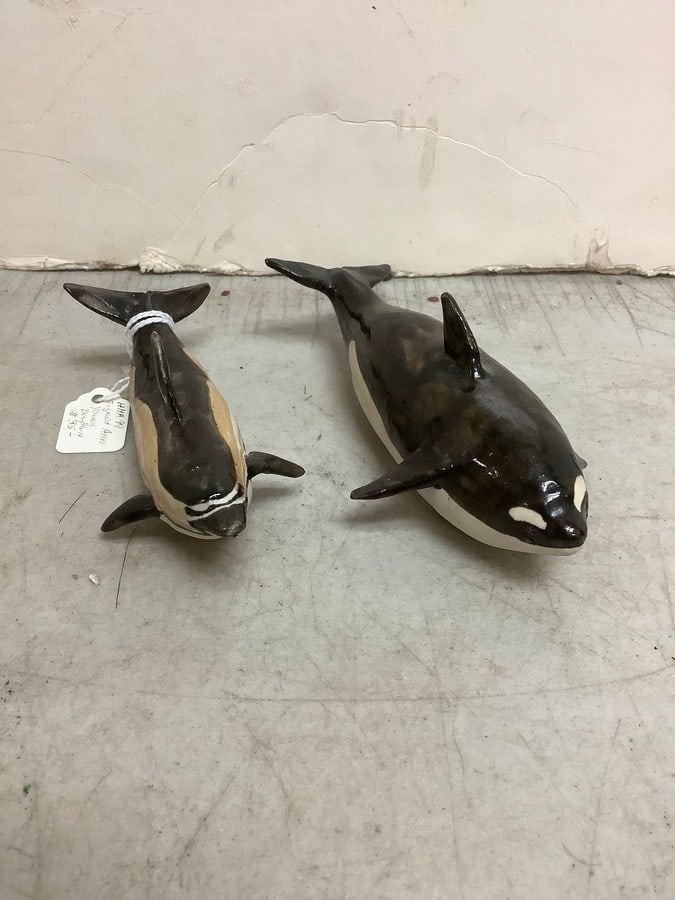 Dolphin statue(signed Ann) and killer whale statue(signed Ann Young): Dolphin statue(signed Ann) and killer whale statue(signed Ann Young)
