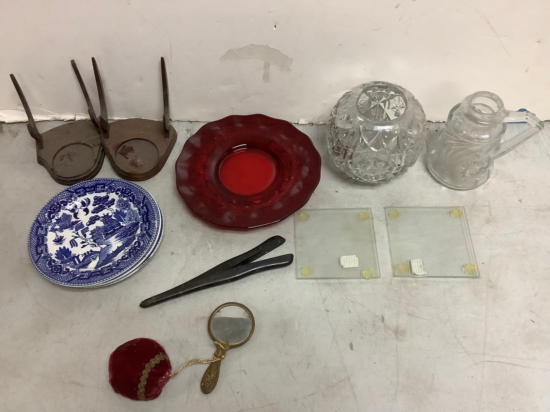 Glass mug, blue transfer plates, and more: Glass mug, blue transfer plates, and more