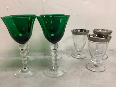 Set of 4 Lenox Holiday Gems Emerald Green Wine Glasses, Set of 3 Jiffin Platinum Rim Glasses