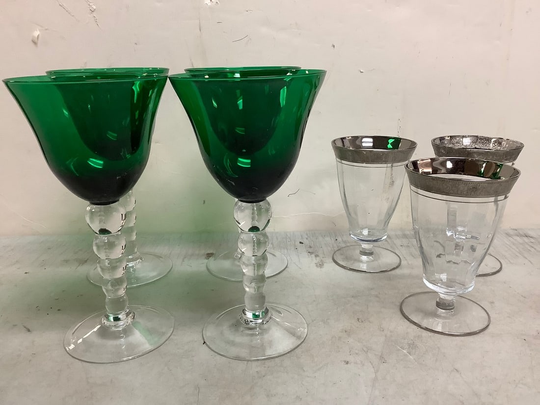 Set of 4 Lenox Holiday Gems Emerald Green Wine Glasses, Set of 3 Jiffin Platinum Rim Glasses: Set of 4 Lenox Holiday Gems Emerald Green Wine Glasses, Set of 3 Jiffin Platinum Rim Glasses (Tallest - 8in)