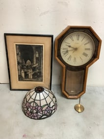 Wooden Linden Clock, Stained Glass Lampshade, Framed Artwork (20.5in Tall)