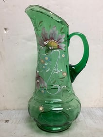 Antique Double Blown Green Glass Pitcher HP - Some Scratches (13.25in Tall)