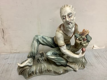 Antique Porcelain Man Figurine - Asian Selling Fruit *Stamped Underside* (9.25inL, 8inH)