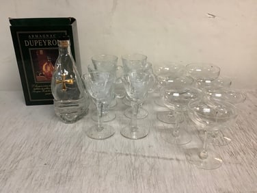 Drinking Glasses and Armagnac Dupeyron Empty Bottle (Tallest - 8.75in)