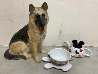 Disney Mickey Mouse teapot set and dog statue signed J.P.(11.5in.tall)