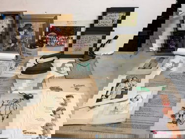 Elgin clock, vintage cast iron, McCormick stoneware jug(7.25in.tall), and more