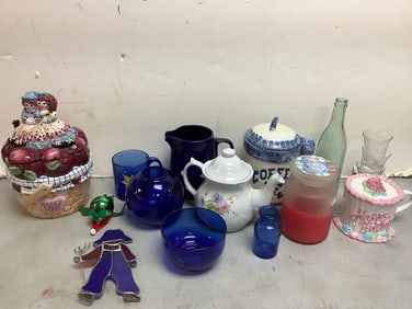 Vintage glass bottle, pitcher, Happy Birthday cake ceramic, and more(Design Pac, Kitchen Creations,