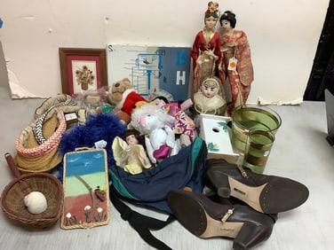Various dolls, visors, glass bowl/cup, canvas artwork,and more(tallest 16in.)