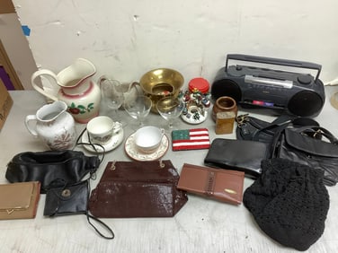 Aiwa radio, decorative pitcher(8.25in.tall), drinking glasses, and more