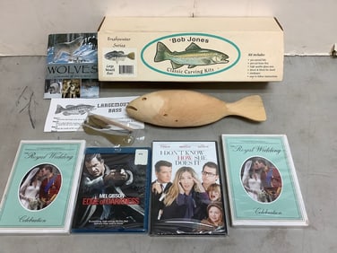 Bob Jones classic fish carving kit, DVD's/bu-ray DVD, and Wolves collectible prints set
