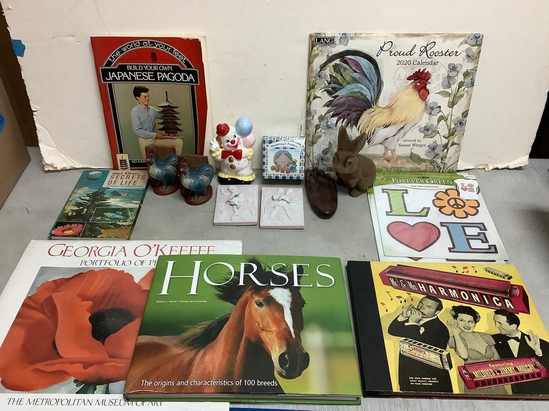 Hermitage Pottery hand painted set, rooster bookends(4.5in.tall), Forever Green ink transfers, (1 of 1)