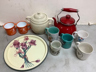 Vintage teapot(3.25in.tall), various mugs, and stoneware jug with lid