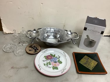 Traditional Stone Pestle and Mortar, Aluminum Crab Dish(4.5inx18.25in), Pets Crystal Statue, Glass