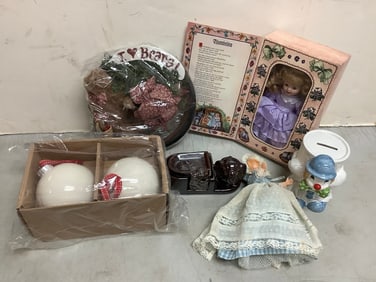 Christmas Ornaments, Thumbelina Storybook Doll, Fitz and Floyd Clown Coin Bank, Bear Wall Decor and