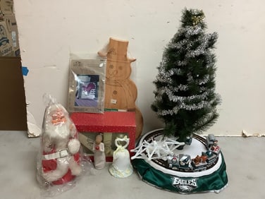 Wooden Snowman, Eagles Christmas Tree(22in), Santa Doll Music Box, and more
