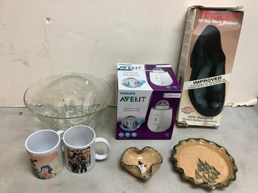 Tingley Hi-Top Work Rubber, Philips Bottle Warmer, Three Rivers Pottery Dish, Glass Bowl and more
