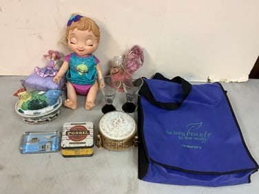 Empty Fossil Container, Baby Alive Doll, Glasses(5.25in), Decorative Container w/ Ceramic Top, and