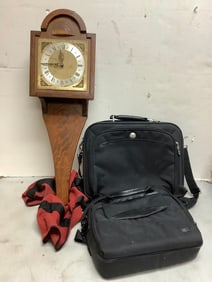 Various Bags (Case Logic, Dell, and more), Vintage Clock (31in Long) *slight damage*