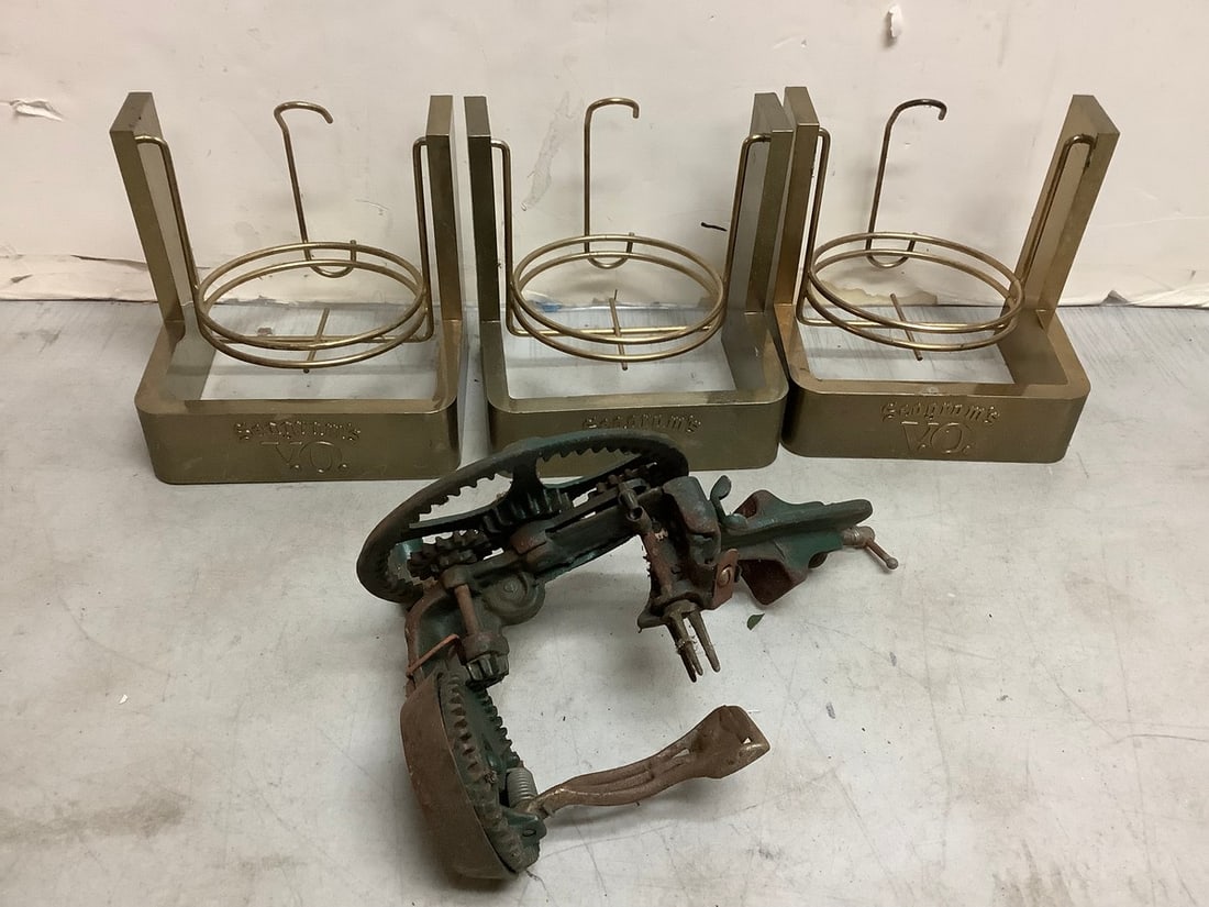 Seagrams Bottle Holders(6.75in Tall), and Vintage Metal Apple Peeler: Seagrams Bottle Holders(6.75in Tall), and Vintage Metal Apple Peeler
