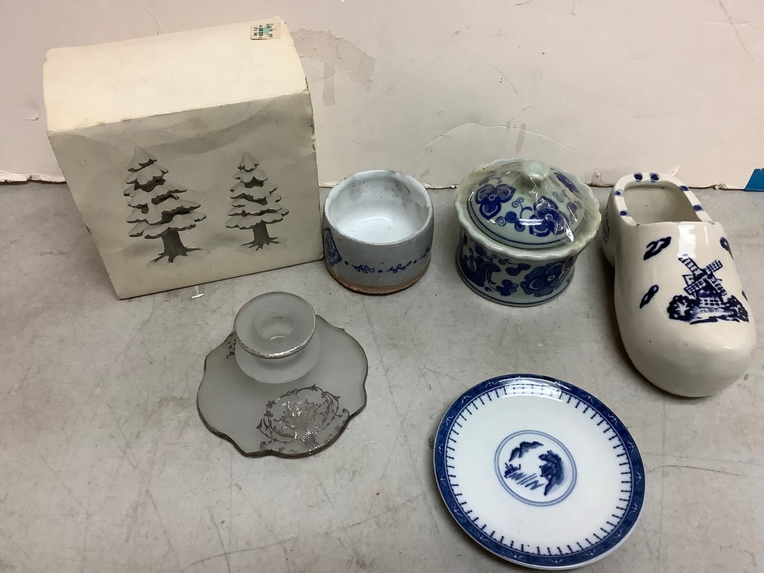 Decorative candleholder(3in.tall), blue transfer shoe ceramic, and more: Decorative candleholder(3in.tall), blue transfer shoe ceramic, and more