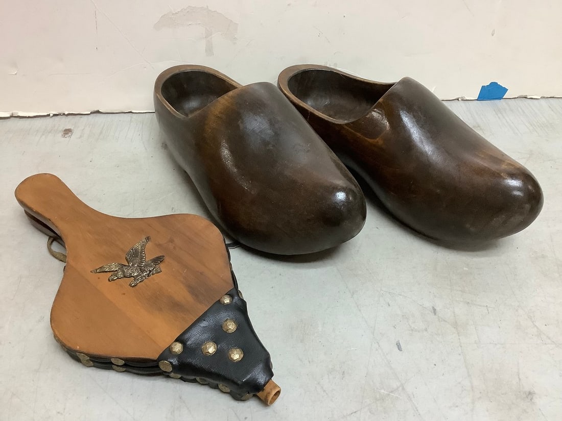 Antique clogs and vintage bellow(12.5in.long): Antique clogs and vintage bellow(12.5in.long)
