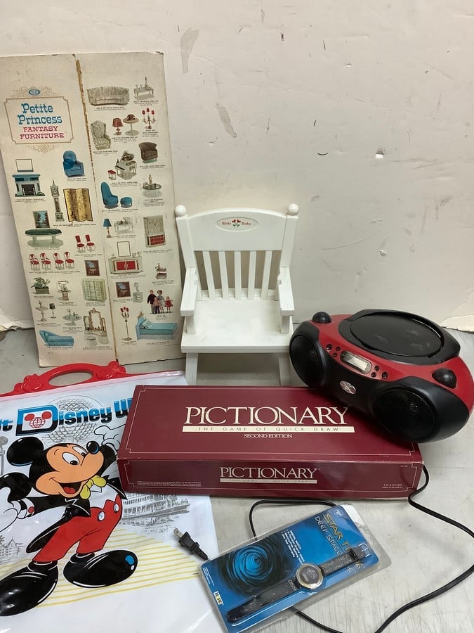 Pictionary, GPX CD radio/boombox, Bitty Baby chair(12.5in.tall), Star Trek watch, and more (1 of 1)