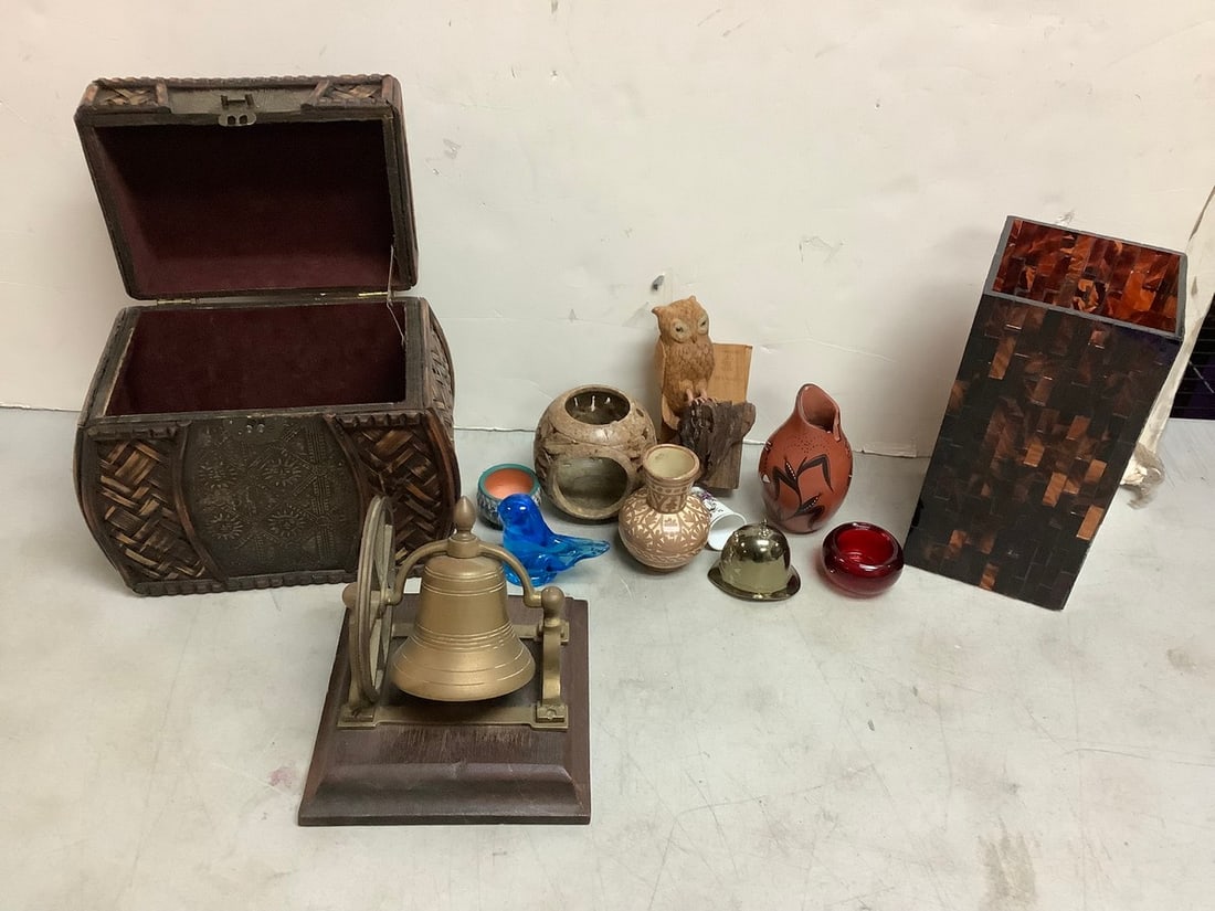 PARTYLITE vase 10x5, wood wicker chest, Brass bell and more: PARTYLITE vase 10x5, wood wicker chest, Brass bell and more