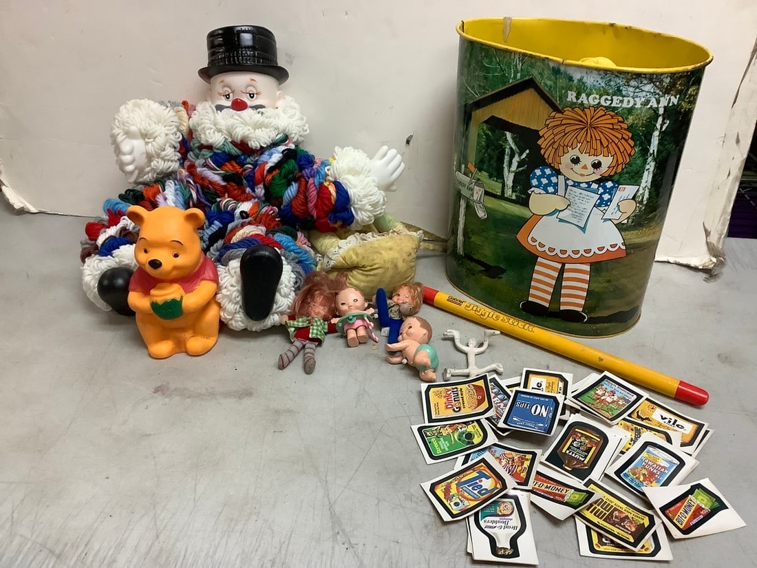 Vintage RAGGEDY ANN tin 13x11.5x7.25, vintage toys, hard plastic clown and more: Vintage RAGGEDY ANN tin 13x11.5x7.25, vintage toys, hard plastic clown and more