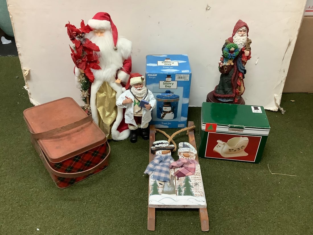 SANTA figures, tin picnic basket, snowy day treat jar and more 18.25in tallest: SANTA figures, tin picnic basket, snowy day treat jar and more 18.25in tallest