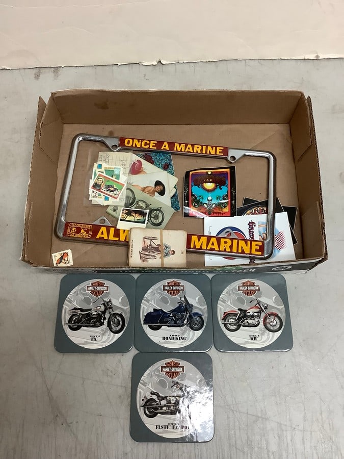 License plate frame cover, vintage stamp, Harley Davidson coasters, and more (1 of 1)