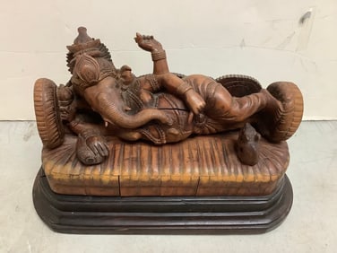 Antique Hand Crafted Sleeping Ganesha Hindu God Wood Statue (7inx11inx5in)