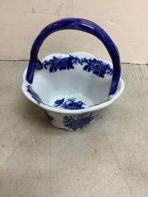 Vintage Blue & White Ceramic Floral Basket Bowl (7in tall)