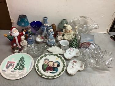 Various Christmas Statues, Glass Bowls, Decorative Plates, Christmas Candle Holders, and more