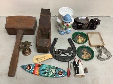 Wooden Plane and Mallet, Fitz and Floyd Ceramic Coin Bank(5.5in), Trinkets, and more