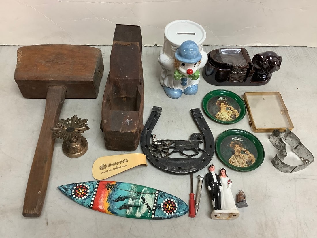 Wooden Plane and Mallet, Fitz and Floyd Ceramic Coin Bank(5.5in), Trinkets, and more: Wooden Plane and Mallet, Fitz and Floyd Ceramic Coin Bank(5.5in), Trinkets, and more