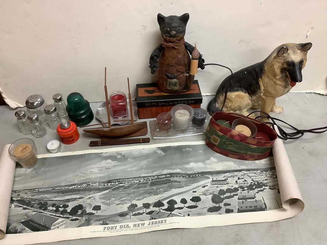 Dog statue(12in.tall), cat statue(Vivkie Jean's Creations Inc.), candles, and more: Dog statue(12in.tall), cat statue(Vivkie Jean's Creations Inc.), candles, and more
