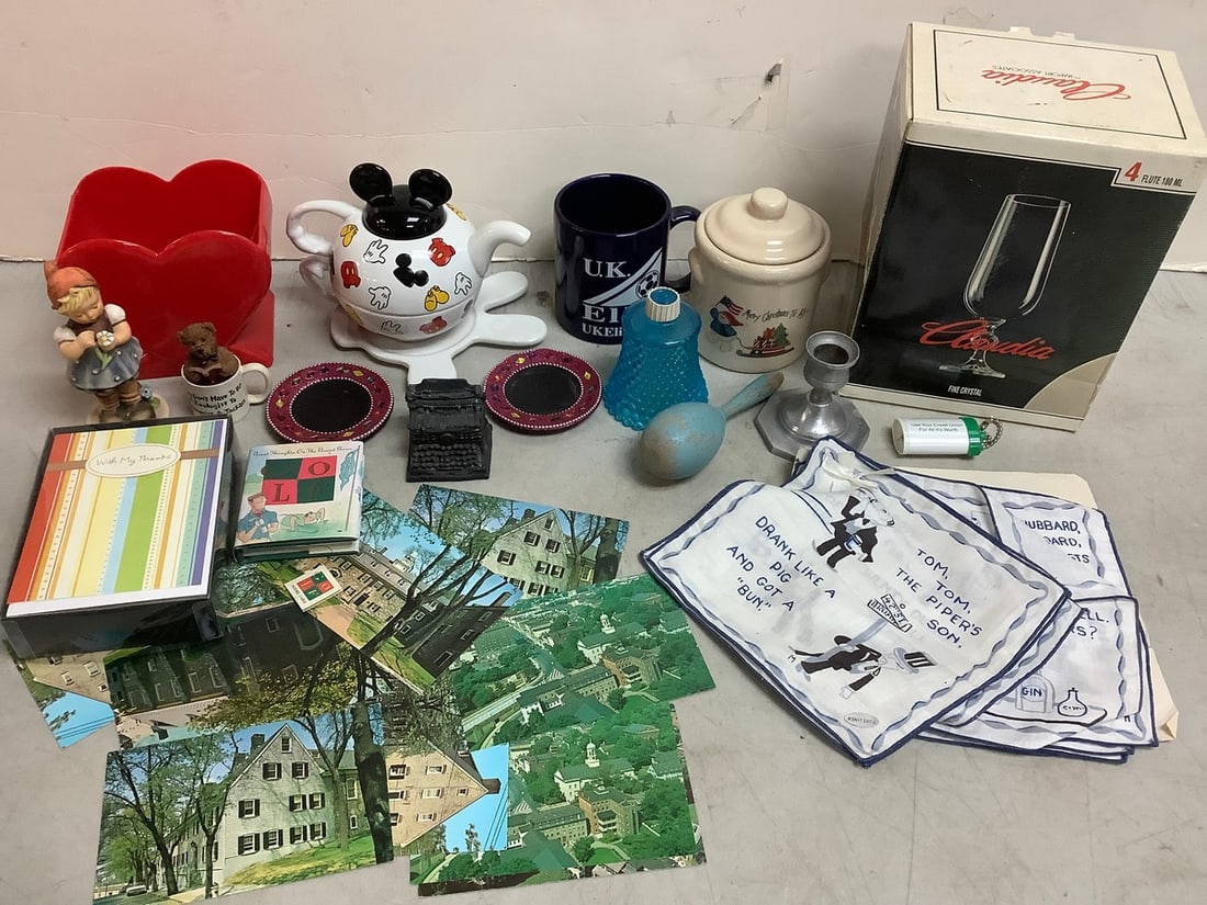 Claudia fine crystal drinking glasses, postcards, Mickey Mouse teapot(5.5in.tall), and more (1 of 1)