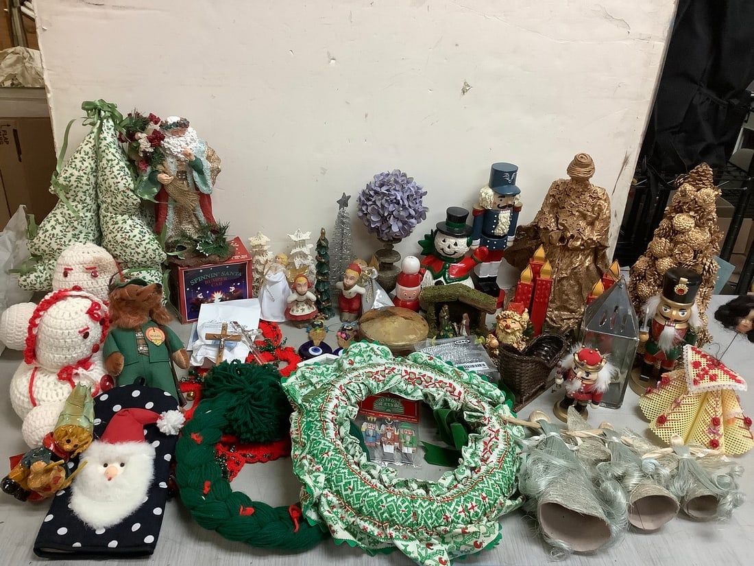Handmade crochet snowmen, spinnin Santa bumper car, candle lantern, nutcrackers, and more(tallest: Handmade crochet snowmen, spinnin Santa bumper car, candle lantern, nutcrackers, and more(tallest 15.25in.)